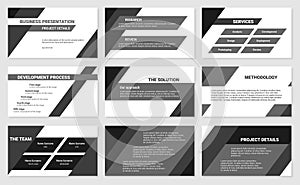 Business presentation design 9 slides template. Development process, solution, services, research and review