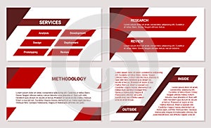 Business presentation design template. Solution, methodology, development process, red color, 4 slides