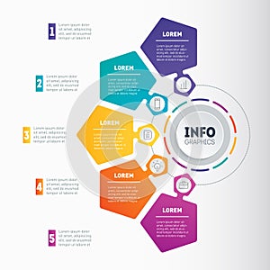 Business presentation with five options. Vector dynamic infographics of technology or education process. Web Template