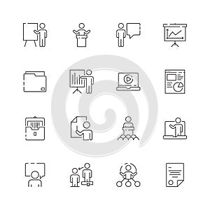 Business presentation icon. Learning managers classroom lecture conference training presentation class vector symbols