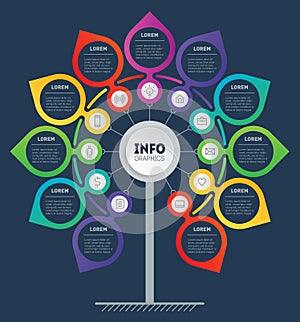 Business presentation or info graphics concept with 11 steps. Template of development tree. Diagram looks like Flower. Infographic