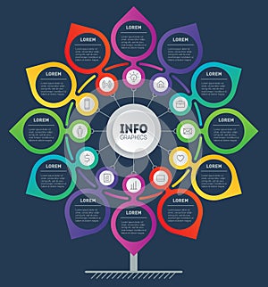 Business presentation or info graphics concept with 12 steps. Template of development tree. Diagram looks like Flower. Infographic