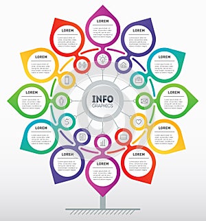 Business presentation or info graphics concept with 12 steps. Template of development tree. Diagram looks like Flower. Technology