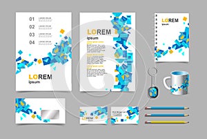 Business presentation infographic elements template set, annual report corporate vertical brochure design. Pencil, mug, keychain,