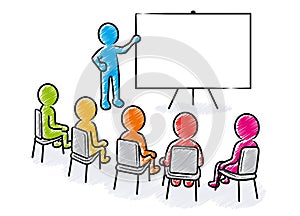Business presentation: Speaker with blank board and spectators
