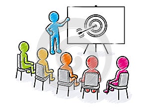 Business presentation: Speaker in front of spectators and target icon