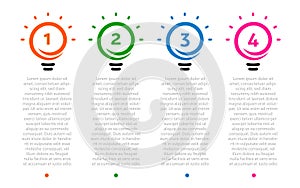 Business presentation, table with 4 lightbulbs timeline. Options number, ideas logo, steps icons. Vector Infographic