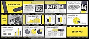 Business presentation template in yellow and grey on white background.