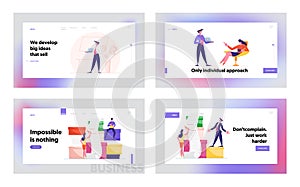 Business Presentation and Work with Documents Landing Page Template Set. Male Character Presenting to Woman Laptop