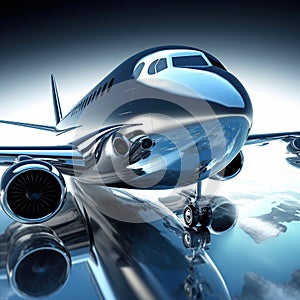 Business private jet on blue background. Created with generative Ai