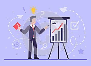 Business problem decision concept. Vector flat businessman with a folder in his hands shows how to increase sales and improve