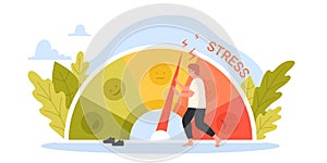 Business problem, pressure and crisis control, tiny man pushing arrow of stress meter