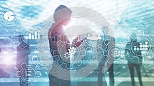 Business process abstract diagram with gears and icons. Workflow and automation technology concept.