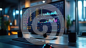 Business process automation computer monitor displaying analyticssoftware in custom datvisualization style, symbolizing efficiency