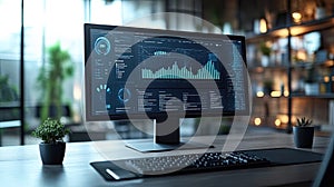 Business process automation computer monitor displaying analyticssoftware in custom datvisualization style, symbolizing efficiency