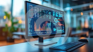 Business process automation computer monitor displaying analyticssoftware in custom datvisualization style, symbolizing efficiency
