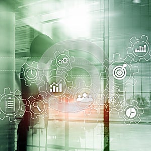 Business process automation concept. Gears and icons on abstract background