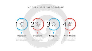 Business process chart infographic with 4 step circles. Circular corporate workflow graphic elements. Company flowchart