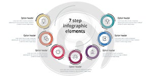 Business process chart infographic with 7 step circles. Circular corporate workflow graphic elements. Company flowchart