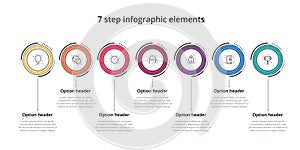 Business process chart infographic with 7 step circles. Circular corporate workflow graphic elements. Company flowchart