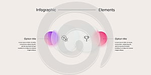 Business process chart infographics with 2 step circles. Circular corporate workflow graphic elements. Company flowchart