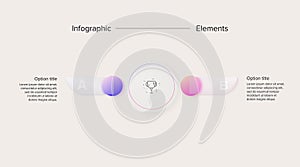 Business process chart infographics with 2 step circles. Circular corporate workflow graphic elements. Company flowchart