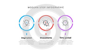 Business process chart infographics with 3 step circles. Circular corporate workflow graphic elements. Company flowchart