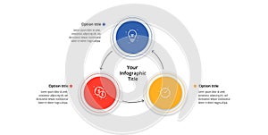 Business process chart infographics with 3 step circles. Circular corporate workflow graphic elements. Company flowchart