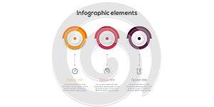 Business process chart infographics with 3 step circles. Circular corporate workflow graphic elements. Company flowchart