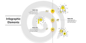 Business process chart infographics with 3 step circles. Circular corporate workflow graphic elements. Company flowchart