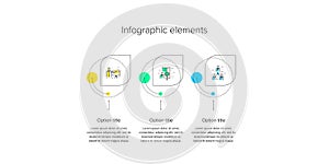 Business process chart infographics with 3 step circles. Circular corporate workflow graphic elements. Company flowchart
