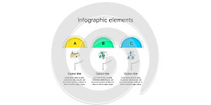 Business process chart infographics with 3 step circles. Circular corporate workflow graphic elements. Company flowchart