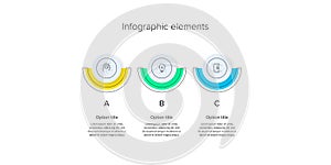 Business process chart infographics with 3 step circles. Circular corporate workflow graphic elements. Company flowchart