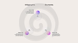 Business process chart infographics with 3 step circles. Circular corporate workflow graphic elements. Company flowchart