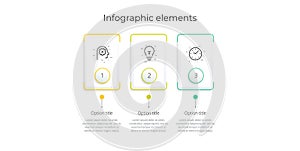 Business process chart infographics with 3 step rectangles. Rectangular corporate workflow graphic elements. Company flowchart