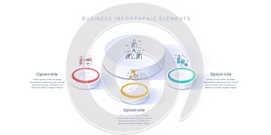 Business process chart infographics with 3 step segments. Isometric 3d corporate timeline infograph elements. Company