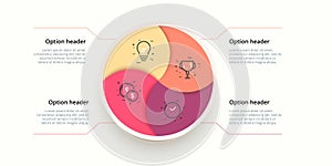 Business process chart infographics with 4 step circles. Circular corporate workflow graphic elements. Company flowchart