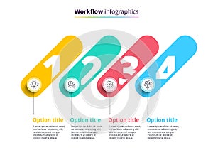 Business process chart infographics with 4 step circles. Circular corporate workflow graphic elements. Company flowchart