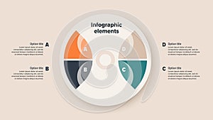 Business process chart infographics with 4 step circles. Round workflow graphic elements. Company flowchart presentation slide.