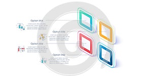 Business process chart infographics with 4 step segments. Isometric 3d corporate timeline infograph elements. Company