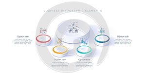 Business process chart infographics with 4 step segments. Isometric 3d corporate timeline infograph elements. Company