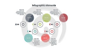 Business process chart infographics with 5 step circles. Round workflow graphic elements. Company flowchart presentation slide.