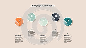 Business process chart infographics with 5 step circles. Round workflow graphic elements. Company flowchart presentation slide.