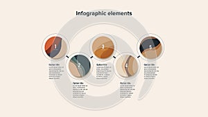 Business process chart infographics with 5 step circles. Round workflow graphic elements. Company flowchart presentation slide.