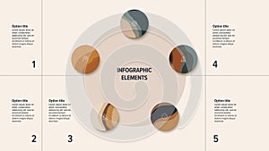 Business process chart infographics with 5 step circles. Round workflow graphic elements. Company flowchart presentation slide.