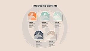 Business process chart infographics with 5 step circles. Round workflow graphic elements. Company flowchart presentation slide.