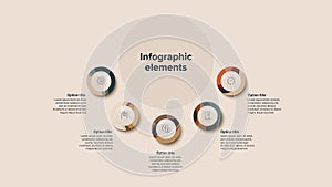 Business process chart infographics with 5 step circles. Round workflow graphic elements. Company flowchart presentation slide.