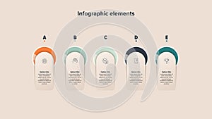 Business process chart infographics with 5 step circles. Round workflow graphic elements. Company flowchart presentation slide.