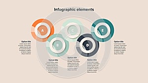 Business process chart infographics with 5 step circles. Round workflow graphic elements. Company flowchart presentation slide.