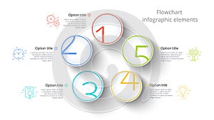 Business process chart infographics with 5 step segments. Circular corporate timeline infograph elements. Company presentation